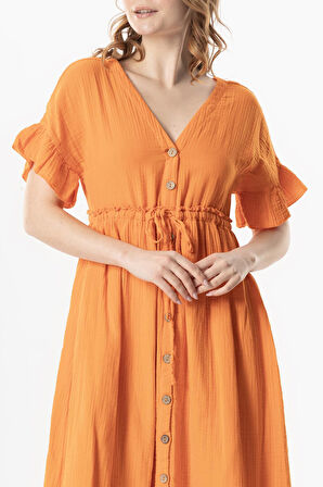 Kısa Kol Büzgülü Afra Midi Boy Yazlık Müslin Elbise Turuncu Trnc