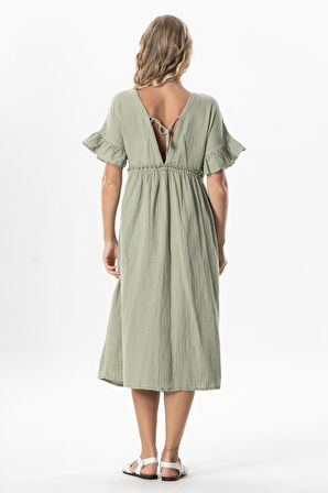 Kısa Kol Büzgülü Afra Midi Boy Yazlık Müslin Elbise Zeytin Yeşili Zytnysl
