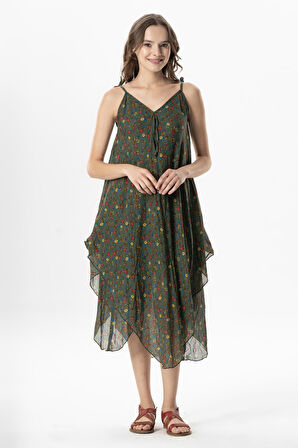 Askılı Vual Afrodit Midi Boy Yazlık Elbise Menekşe Yeşil 6239