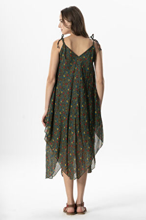 Askılı Vual Afrodit Midi Boy Yazlık Elbise Menekşe Yeşil 6239