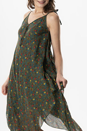 Askılı Vual Afrodit Midi Boy Yazlık Elbise Menekşe Yeşil 6239