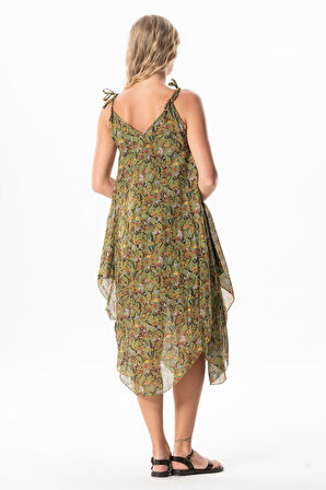 Askılı Vual Afrodit Midi Boy Yazlık Elbise Çiçek Yeşil 6241