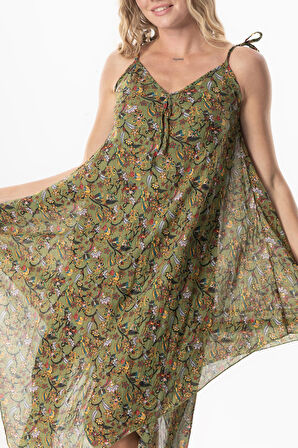 Askılı Vual Afrodit Midi Boy Yazlık Elbise Çiçek Yeşil 6241