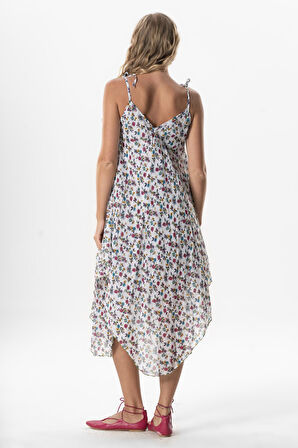 Askılı Vual Afrodit Midi Boy Yazlık Elbise Menekşe Beyaz 6242