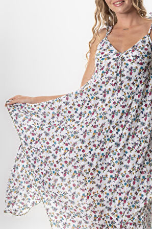 Askılı Vual Afrodit Midi Boy Yazlık Elbise Menekşe Beyaz 6242