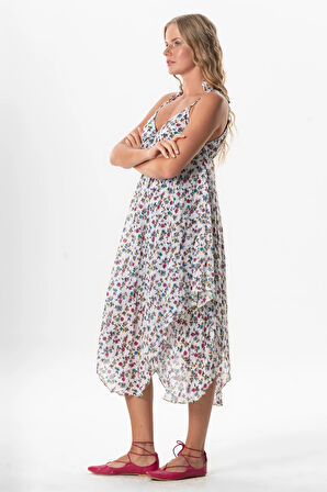 Askılı Vual Afrodit Midi Boy Yazlık Elbise Menekşe Beyaz 6242