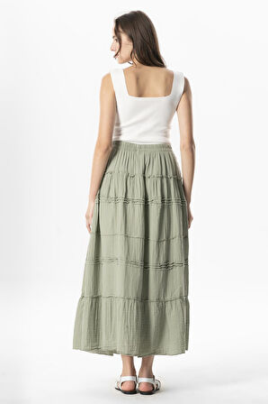 Benan Beli Lastikli Uzun Yazlık Müslin Etek Zeytin Yeşili Zytnysl