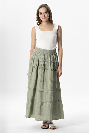 Benan Beli Lastikli Uzun Yazlık Müslin Etek Zeytin Yeşili Zytnysl