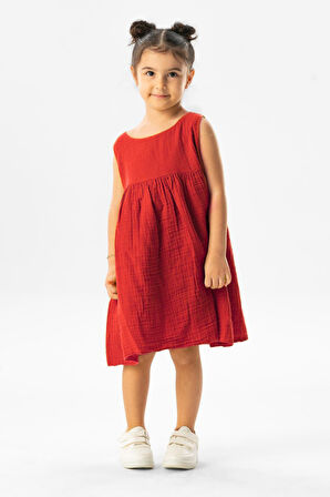 Kolsuz Bilge Yazlık Müslin Çocuk Elbise Kırmızı Krmz