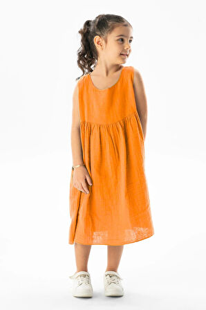 Kolsuz Bilge Yazlık Müslin Çocuk Elbise Turuncu Trnc