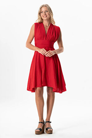 Kolsuz Sırt Detaylı V Yaka Laodikya Mini Yazlık Müslin Elbise Kırmızı Krmz