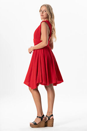 Kolsuz Sırt Detaylı V Yaka Laodikya Mini Yazlık Müslin Elbise Kırmızı Krmz