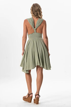 Kolsuz Sırt Detaylı V Yaka Laodikya Mini Yazlık Müslin Elbise Zeytin Yeşili Zytnysl