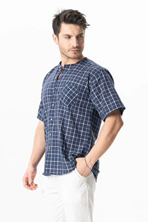 Kısa Kol Şile Bezi Tek Cepli Bisiklet Yaka Erkek Yazlık Gömlek Lacivert Kareli lcvrtkrl