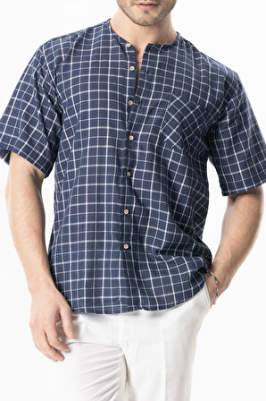 Kısa Kol Şile Bezi Tek Cepli Bisiklet Yaka Erkek Yazlık Gömlek Lacivert Kareli lcvrtkrl