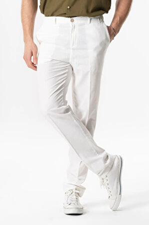 Keten Düğmeli Erkek Yazlık Pantolon Beyaz Byz