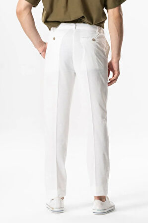 Keten Düğmeli Erkek Yazlık Pantolon Beyaz Byz