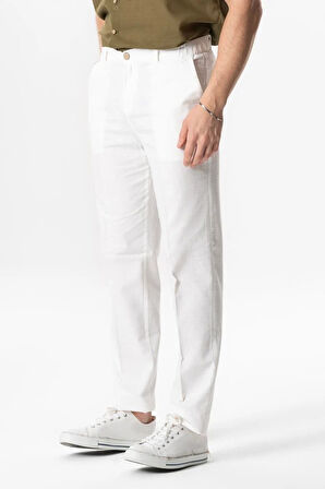 Keten Düğmeli Erkek Yazlık Pantolon Beyaz Byz