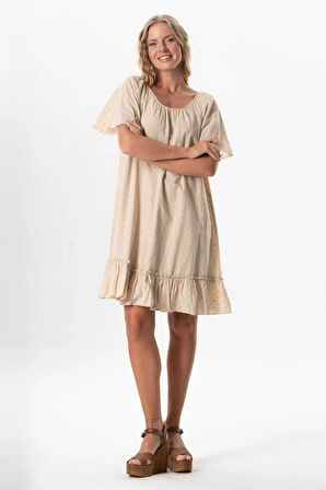 Kısa Kol Vual Katre Güpür Kısa Yazlık Elbise Bej Bej
