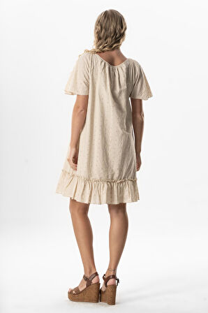 Kısa Kol Vual Katre Güpür Kısa Yazlık Elbise Bej Bej