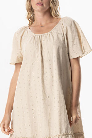 Kısa Kol Vual Katre Güpür Kısa Yazlık Elbise Bej Bej