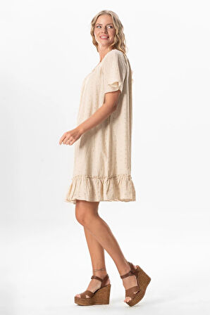 Kısa Kol Vual Katre Güpür Kısa Yazlık Elbise Bej Bej