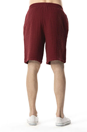 Beli Lastikli Multi Diz Üstü Müslin Erkek Yazlık Şort Bordo Brd