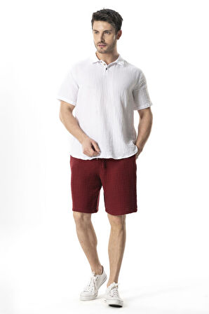 Beli Lastikli Multi Diz Üstü Müslin Erkek Yazlık Şort Bordo Brd