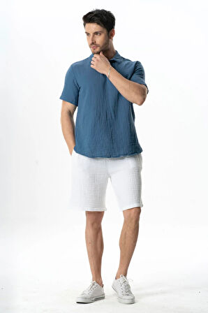 Beli Lastikli Multi Diz Üstü Müslin Erkek Yazlık Şort Beyaz Byz