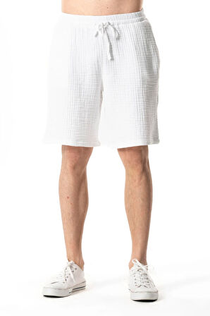 Beli Lastikli Multi Diz Üstü Müslin Erkek Yazlık Şort Beyaz Byz