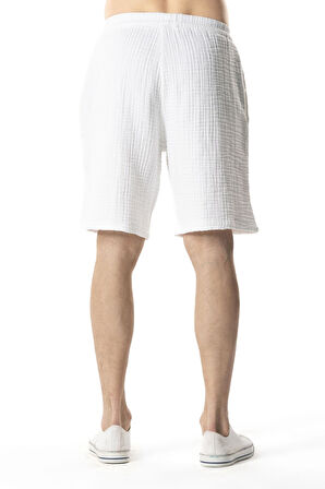 Beli Lastikli Multi Diz Üstü Müslin Erkek Yazlık Şort Beyaz Byz