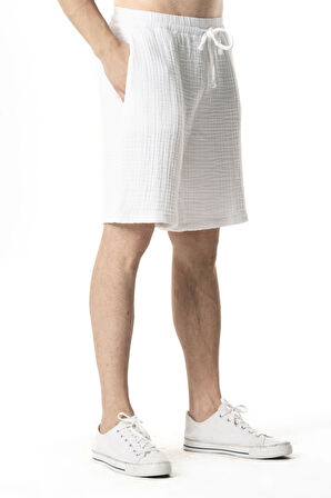 Beli Lastikli Multi Diz Üstü Müslin Erkek Yazlık Şort Beyaz Byz