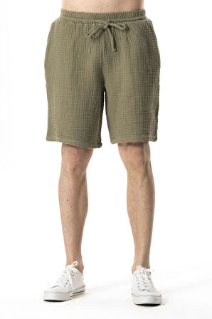 Beli Lastikli Multi Diz Üstü Müslin Erkek Yazlık Şort Haki Hk