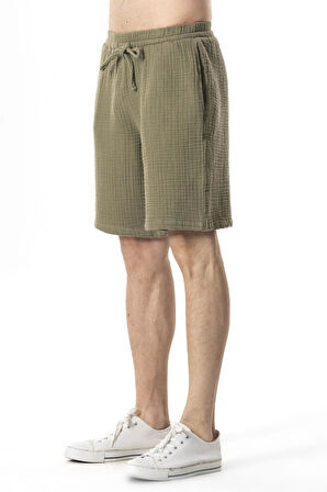 Beli Lastikli Multi Diz Üstü Müslin Erkek Yazlık Şort Haki Hk