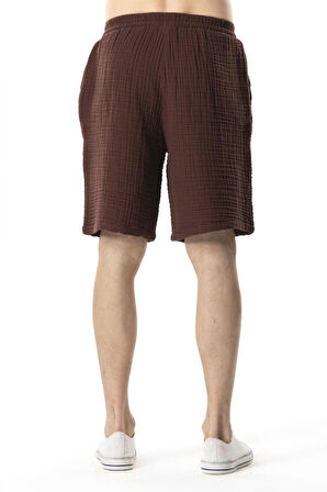 Beli Lastikli Multi Diz Üstü Müslin Erkek Yazlık Şort Kahve Khv