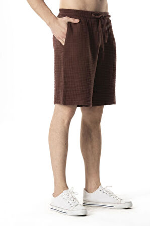 Beli Lastikli Multi Diz Üstü Müslin Erkek Yazlık Şort Kahve Khv