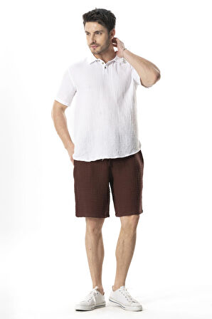 Beli Lastikli Multi Diz Üstü Müslin Erkek Yazlık Şort Kahve Khv