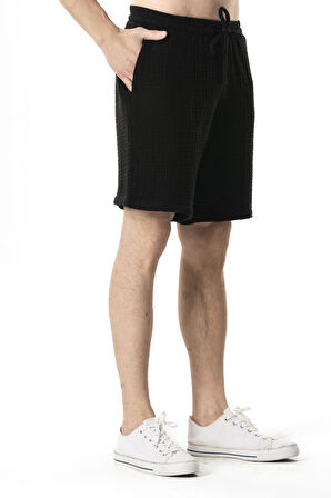 Beli Lastikli Multi Diz Üstü Müslin Erkek Yazlık Şort Siyah Syh
