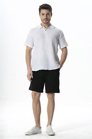 Beli Lastikli Multi Diz Üstü Müslin Erkek Yazlık Şort Siyah Syh