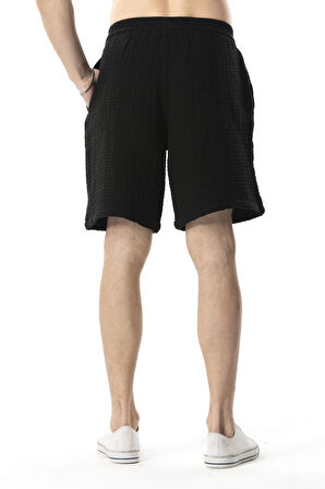 Beli Lastikli Multi Diz Üstü Müslin Erkek Yazlık Şort Siyah Syh