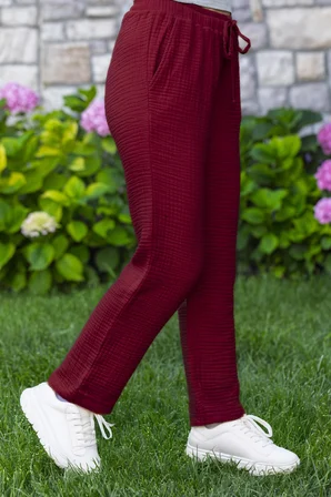 Beli Lastikli Multi Çift Cepli Müslin Kadın/Erkek Unisex Yazlık Pantolon Bordo Brd