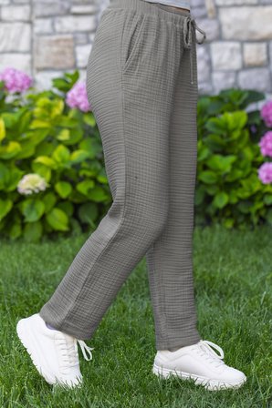 Beli Lastikli Multi Çift Cepli Müslin Kadın/Erkek Unisex Yazlık Pantolon Gri Gri