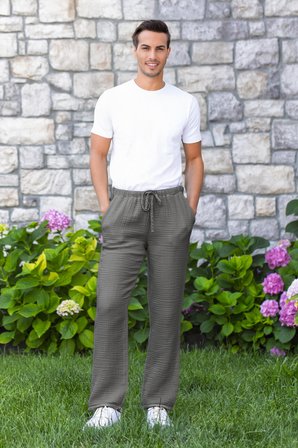 Beli Lastikli Multi Çift Cepli Müslin Kadın/Erkek Unisex Yazlık Pantolon Gri Gri