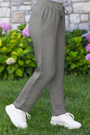Beli Lastikli Multi Çift Cepli Müslin Kadın/Erkek Unisex Yazlık Pantolon Gri Gri