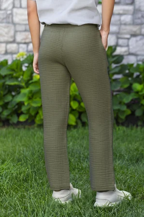 Beli Lastikli Multi Çift Cepli Müslin Kadın/Erkek Unisex Yazlık Pantolon Haki Hk