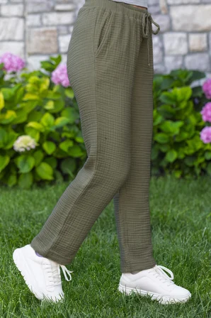 Beli Lastikli Multi Çift Cepli Müslin Kadın/Erkek Unisex Yazlık Pantolon Haki Hk
