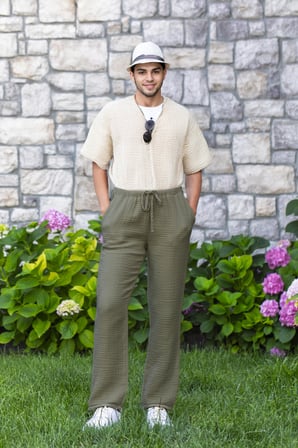 Beli Lastikli Multi Çift Cepli Müslin Kadın/Erkek Unisex Yazlık Pantolon Haki Hk
