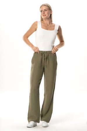 Beli Lastikli Multi Çift Cepli Müslin Kadın/Erkek Unisex Yazlık Pantolon Haki Hk