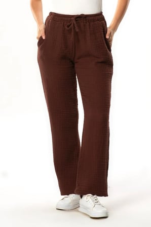 Beli Lastikli Multi Çift Cepli Müslin Kadın/Erkek Unisex Yazlık Pantolon Kahve Khv