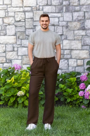 Beli Lastikli Multi Çift Cepli Müslin Kadın/Erkek Unisex Yazlık Pantolon Kahve Khv